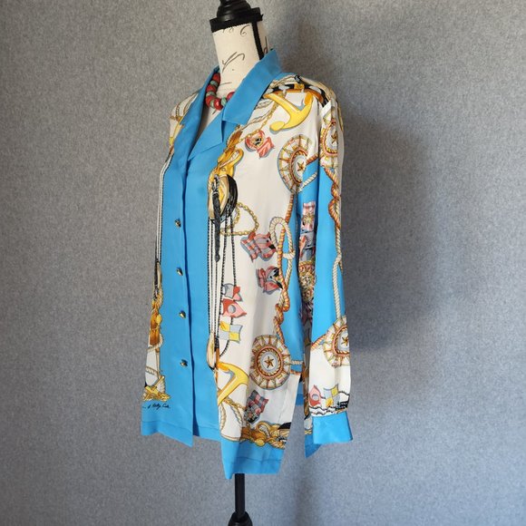 Vintage Michael Mims Kathy Cole Anchor Rope Silk Satin Top Long Sleeve Button - Picture 3 of 10